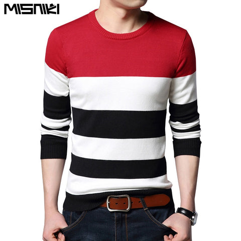 Misniki 2019 Autumn Casual Men's Sweater O Neck Striped Slim Fit Knittwear Mens Sweaters Pullovers Men Pull Homme S-3XL JP52