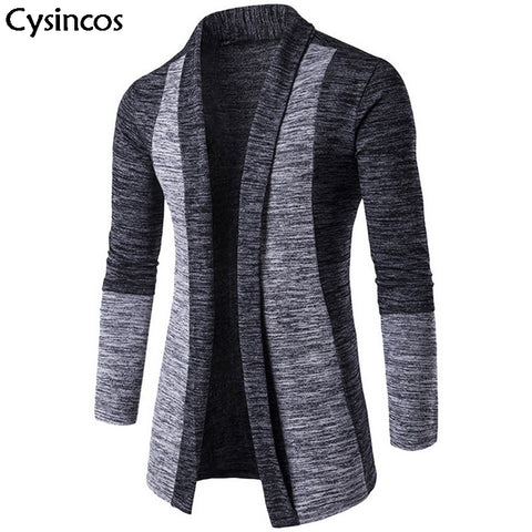 Cysincos Men Patchwork Slim Cardigan Autumn Winter Warm Casual Sweaters Long Knitted Turn-down Collar Outerwear Plus Size M-4XL