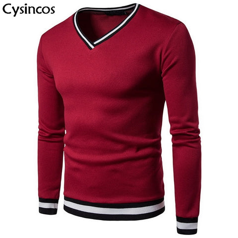 Cysincos Men Sweater 2019 Autumn Winter Casual V-neck Solid Thin Loose Sweater Male Long Sleeve Tracksuit  Knitted Top Plus Size